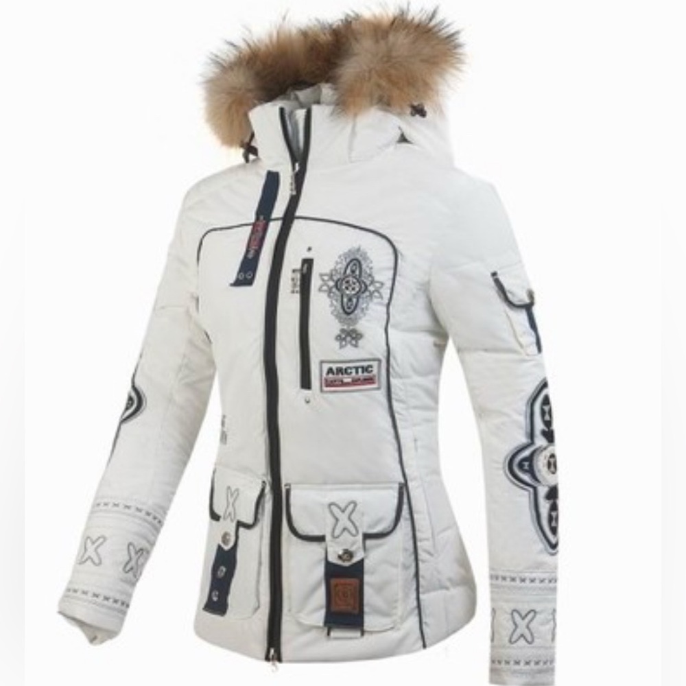 Bogner White and Gray Winter Jacket with Fur Trim